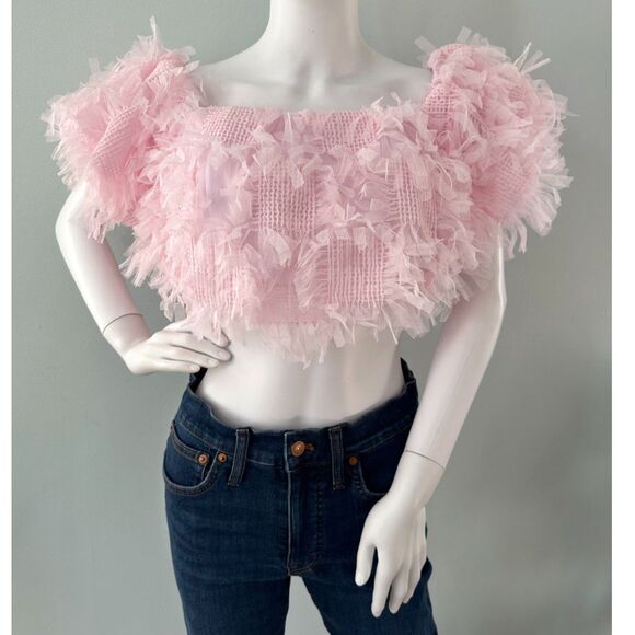 ASOS Edition Off Shoulder Sugar Pink Crop Top Textured Mesh size US 8 - Picture 3 of 8